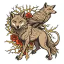 wolf and raven with thorn-branch background and incorporating wyrd tattoo design idea
