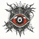 Satanic Realistic Eye, cracked and bleeding. dark black blood red. Bleeding Thorns black spider web and Silver Horns tattoo design idea