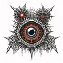 Satanic Realistic Eye, cracked and bleeding. dark black blood red. Bleeding Thorns black spider web and Silver Horns tattoo design idea