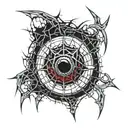 Satanic Realistic Eye, cracked and bleeding. dark black blood red. Bleeding Thorns black spider web and Silver Horns tattoo design idea