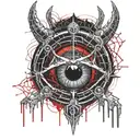 Satanic Realistic Eye, cracked and bleeding. dark black blood red. Bleeding Thorns black spider web and Silver Horns tattoo design idea