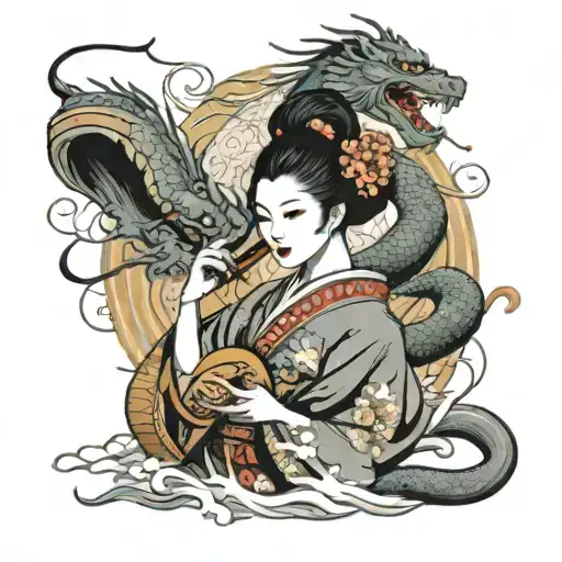 A Japanese geisha playing a traditional instrument with a dragon wrapped around her, symbolizing the harmony between music and strength tattoo design idea