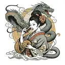 A Japanese geisha playing a traditional instrument with a dragon wrapped around her, symbolizing the harmony between music and strength tattoo design idea