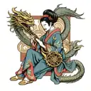 A Japanese geisha playing a traditional instrument with a dragon wrapped around her, symbolizing the harmony between music and strength tattoo design idea