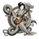 A Japanese geisha playing a traditional instrument with a dragon wrapped around her, symbolizing the harmony between music and strength tattoo design idea