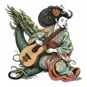 A Japanese geisha playing a traditional instrument with a dragon wrapped around her, symbolizing the harmony between music and strength tattoo design idea