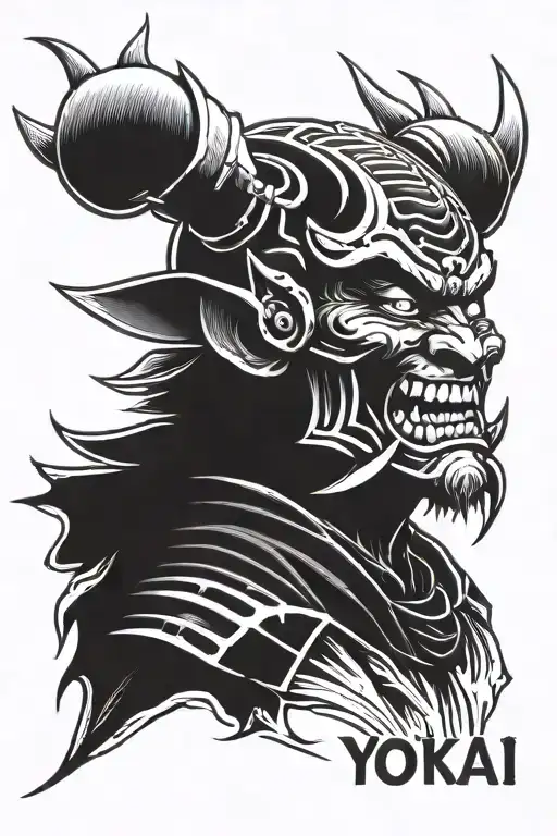 Yokai Demon samurai face tattoo design idea