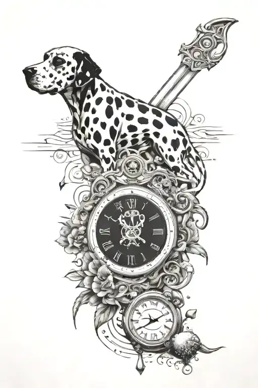 Knife, trust , Dalmatian dog, brain, heart and sand clock  tattoo design idea
