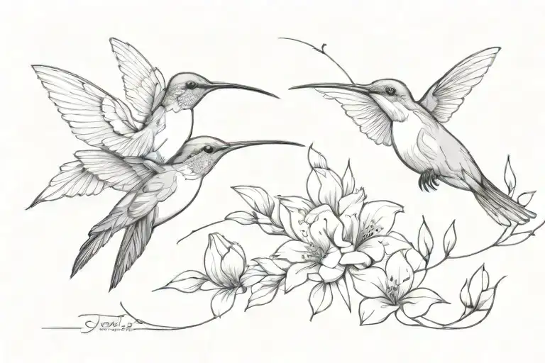 hummingbirds with flowers tattoo design idea