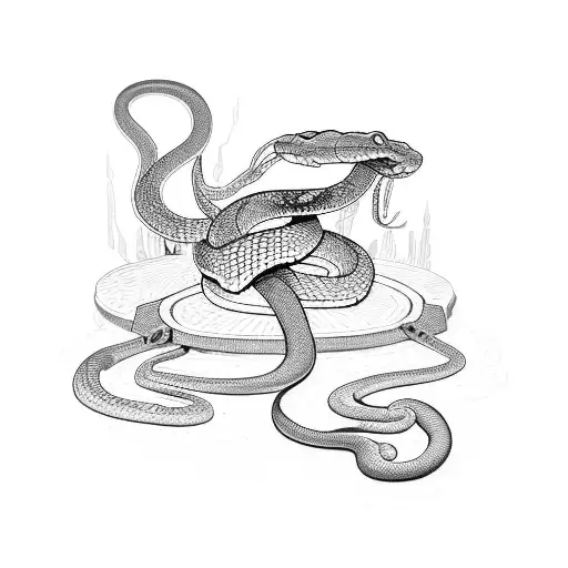 A snake coiled around a rifle, with a sword crossed behind it tattoo design idea