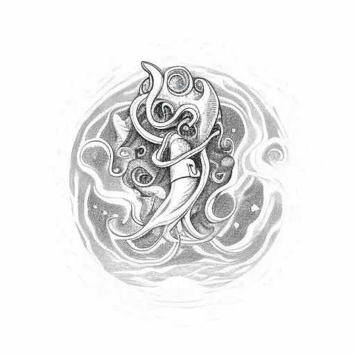 A surreal scene of the protagonist from Earthbound riding a giant squid through a psychedelic galaxy tattoo design idea