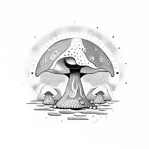 A tattoo of a giant mushroom with intricate dotwork patterns, inspired by the world of Earthbound tattoo design idea