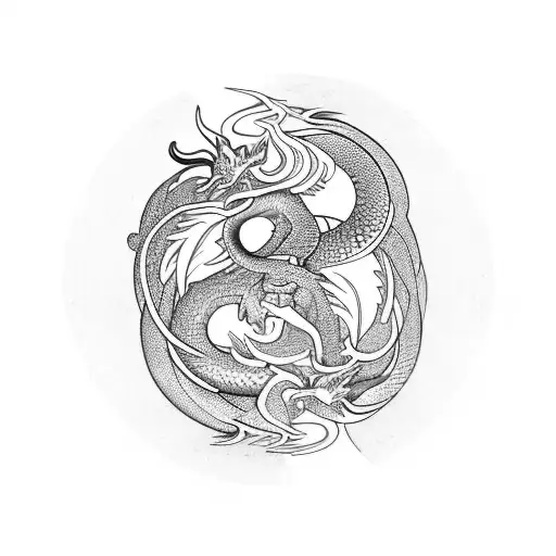 A yin and yang symbol with a dragon and a snake intertwined within it tattoo design idea
