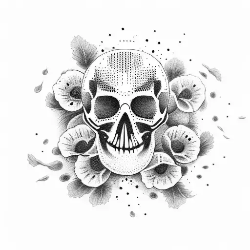 Create a dotwork tattoo featuring a skull surrounded by swirling poppy flower petals. tattoo design idea