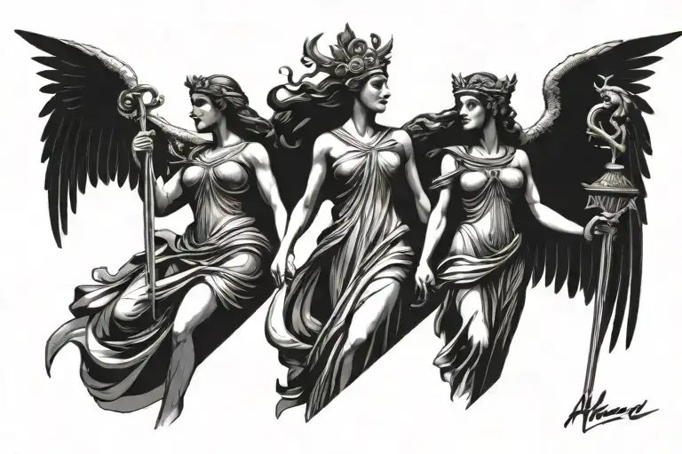 three greek god nike godess of victory next to her athena goddes of wisdom and war and next to athena is hera  tattoo design idea