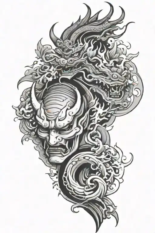hannya mask split in half, yin yang and phoenix rising and peace word in japanese  tattoo design idea