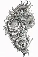 hannya mask split in half, yin yang and phoenix rising and peace word in japanese  tattoo design idea