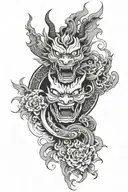 hannya mask split in half, yin yang and phoenix rising and peace word in japanese  tattoo design idea