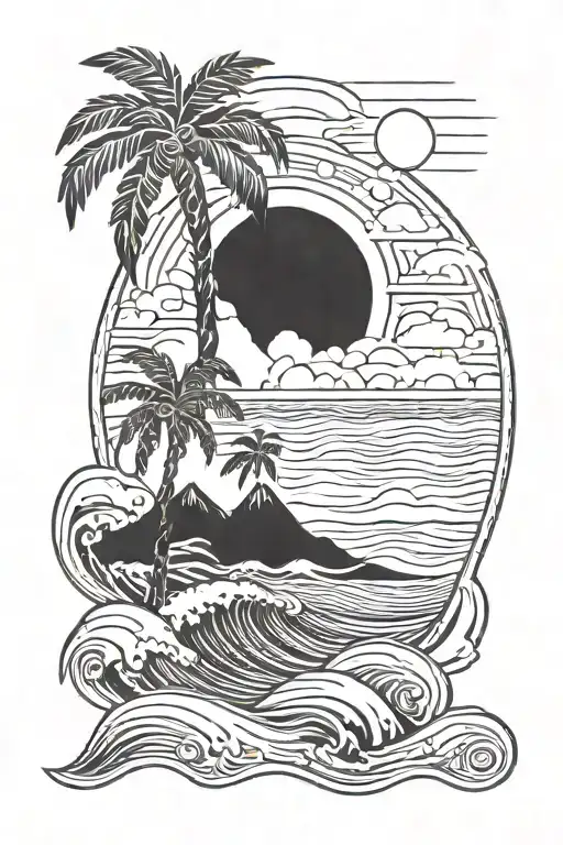 travel, mountain, palm tree, beach sunset, wave ocean tattoo design idea