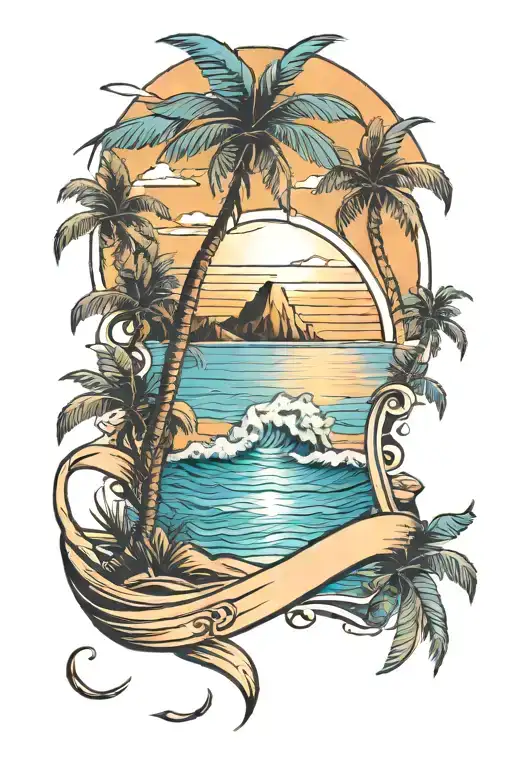 travel, mountain, palm tree, beach sunset, wave ocean tattoo design idea
