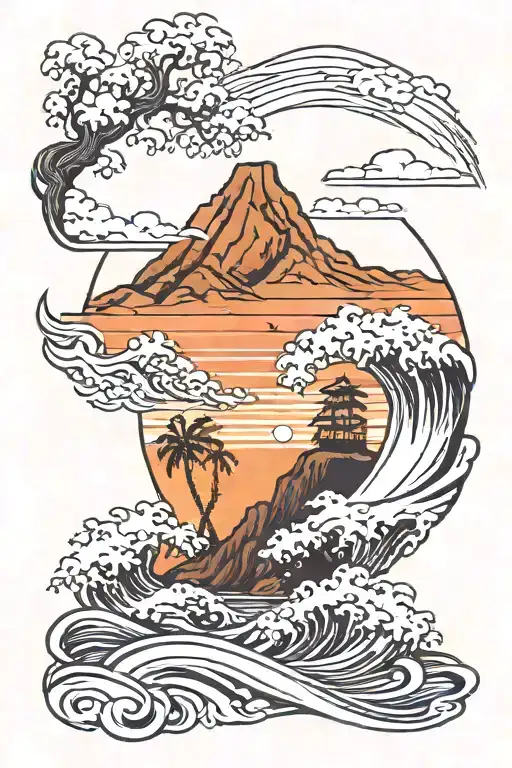 travel, mountain, palm tree, beach sunset, wave ocean tattoo design idea