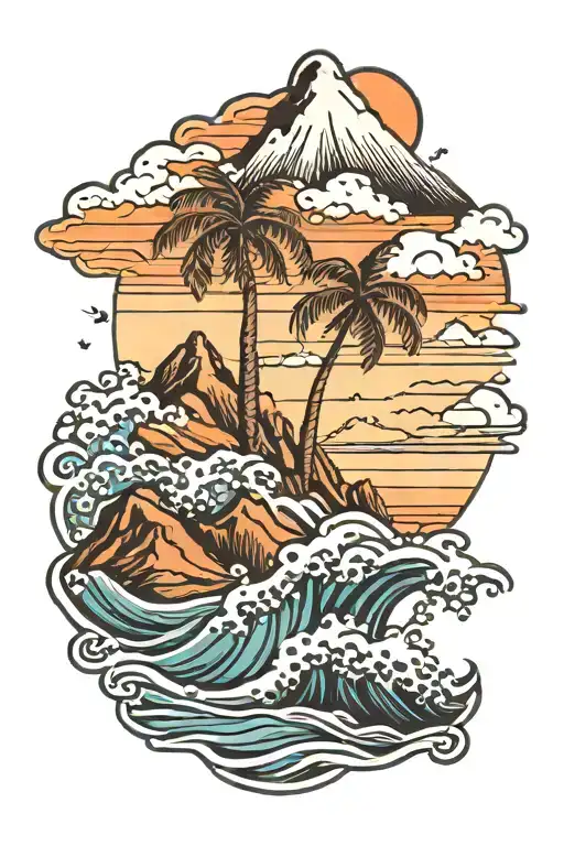 travel mountain palm tree wave ocean tattoo design idea