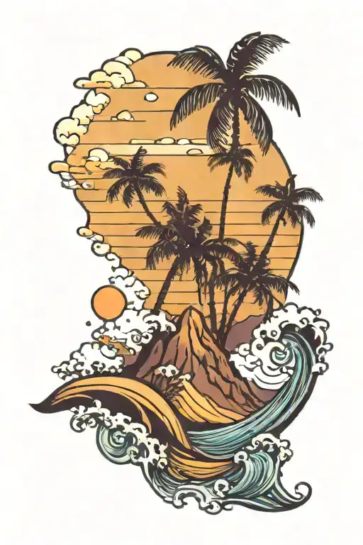 travel, mountain, palm tree, beach sunset, wave ocean tattoo design idea