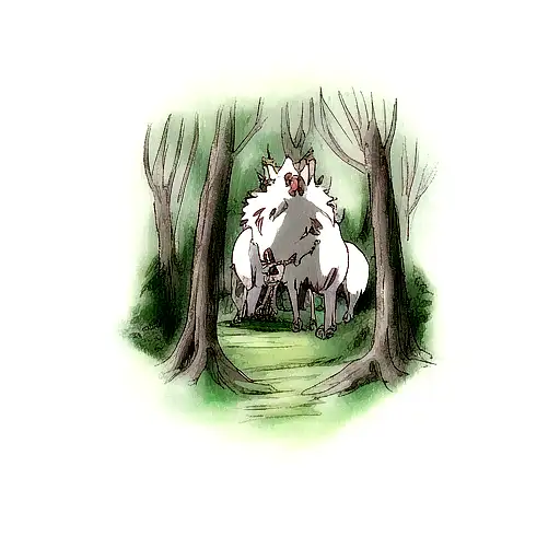 A scene from Princess Mononoke with San and Ashitaka in the forest tattoo design idea