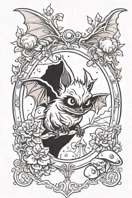 cute bat in a mirror with mushrooms growing around it tattoo design idea