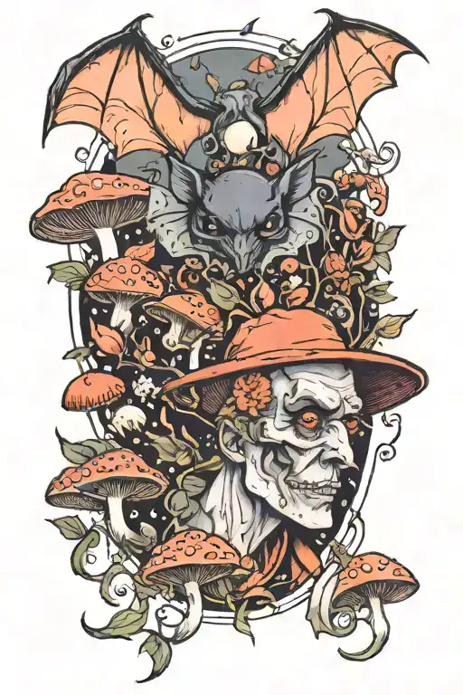 bats mirrors mushrooms growing around him tattoo design idea