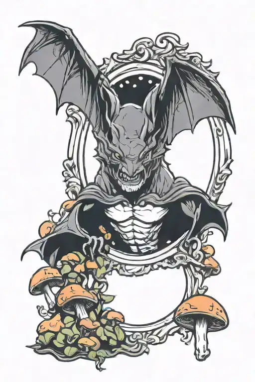 bat in a mirror with mushrooms growing around him tattoo design idea