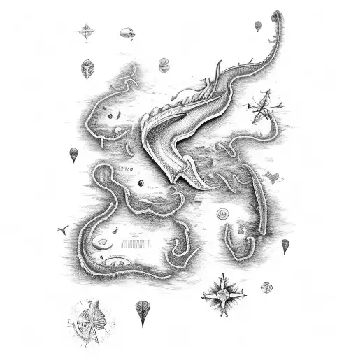 Nautical map with various sea monsters scattered throughout tattoo design idea