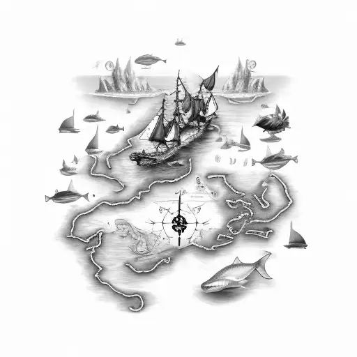 Nautical map with various sea monsters scattered throughout tattoo design idea