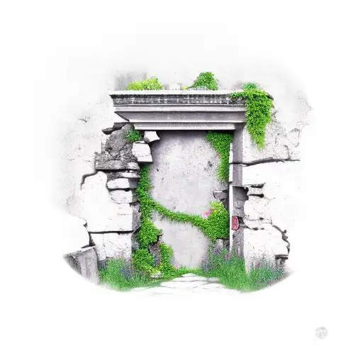 Ruin wall with open door, covered by plants tattoo design idea