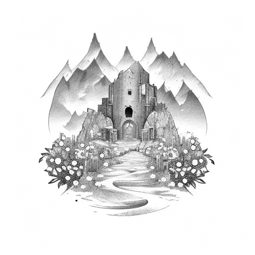 Ruin wall with open door, covered in flowers and a mountain in the background  tattoo design idea