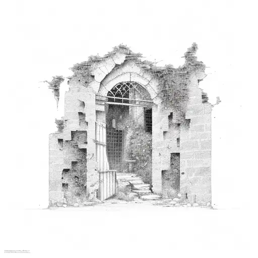 Ruin wall with open door, covered by plants tattoo design idea