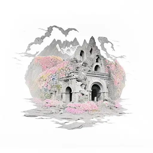 Ruin with open door, covered in flowers and a mountain in the background  tattoo design idea
