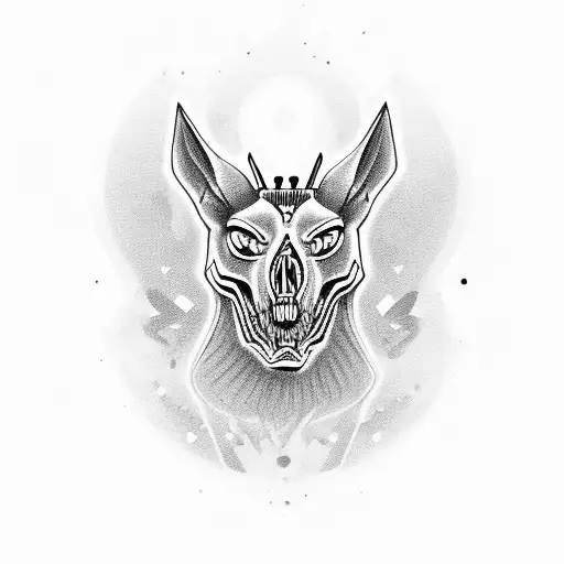 anubis portrait with half of dog skull with sharp teeth tattoo design idea