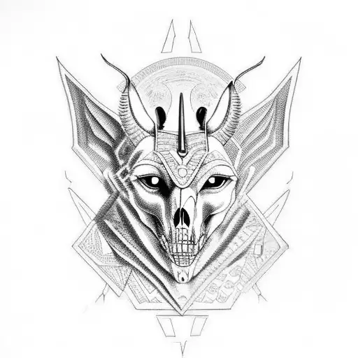 anubis portrait with half of dog skull with sharp teeth tattoo design idea