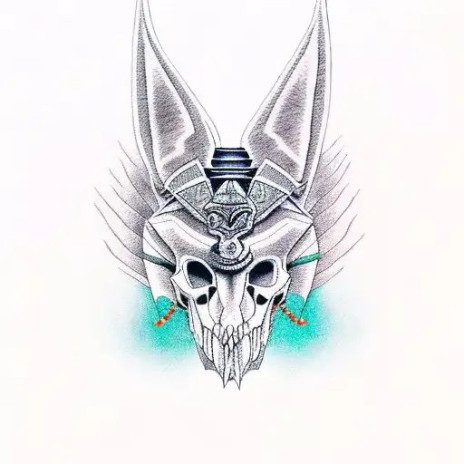 anubis portrait with half of dog skull with sharp teeth tattoo design idea