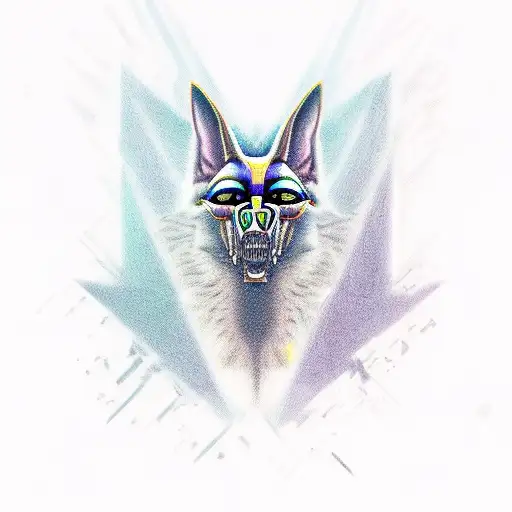 anubis portrait with half of dog skull with sharp teeth tattoo design idea