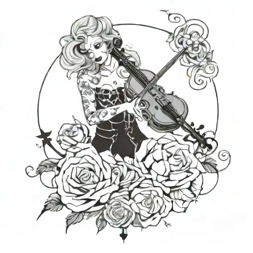 A ghostly figure playing a haunting song on a violin surrounded by swirling roses and lightning bolts tattoo design idea