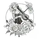 A ghostly figure playing a haunting song on a violin surrounded by swirling roses and lightning bolts tattoo design idea