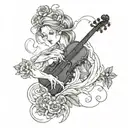 A ghostly figure playing a haunting song on a violin surrounded by swirling roses and lightning bolts tattoo design idea