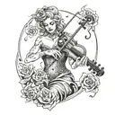 A ghostly figure playing a haunting song on a violin surrounded by swirling roses and lightning bolts tattoo design idea