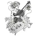 A ghostly figure playing a haunting song on a violin surrounded by swirling roses and lightning bolts tattoo design idea