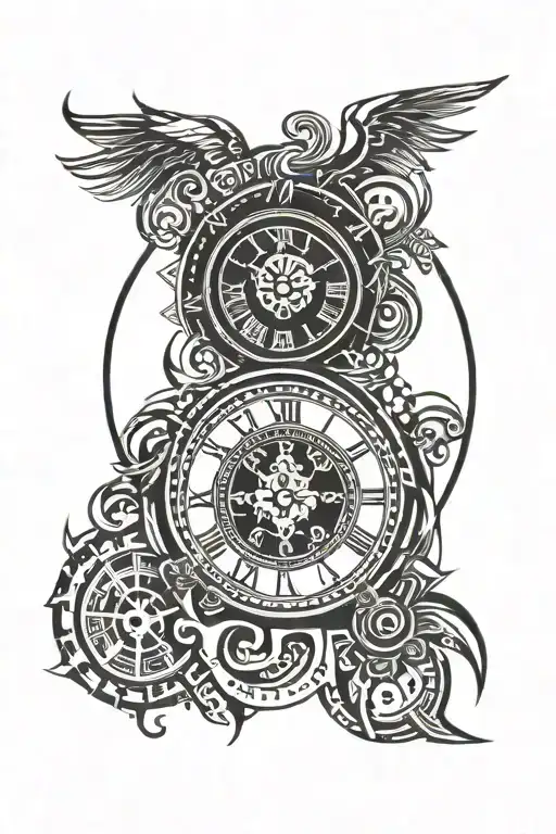 Tribal design for shoulder and arm with a Roman numeral clock in the center of the circle tattoo design idea