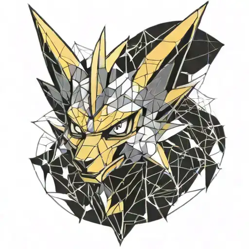 Create an Image of Alakazam from the Pokemon TV Series in 1997. Include geometric patterns to add to his psychic type. tattoo design idea