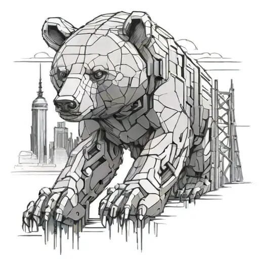 Design a futuristic robotic bear with Berlin skyline in the background, representing the client's love for bears and the city of Berlin tattoo design idea