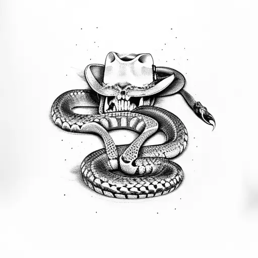 Rattle snake skeleton with cowboy hat and battling gun as tail tattoo design idea